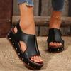 Summer New Muffin Thick-soled Wedge Sandals Women's Velcro Large-size Rivets Flat-bottomed Fish Mouth Sandals