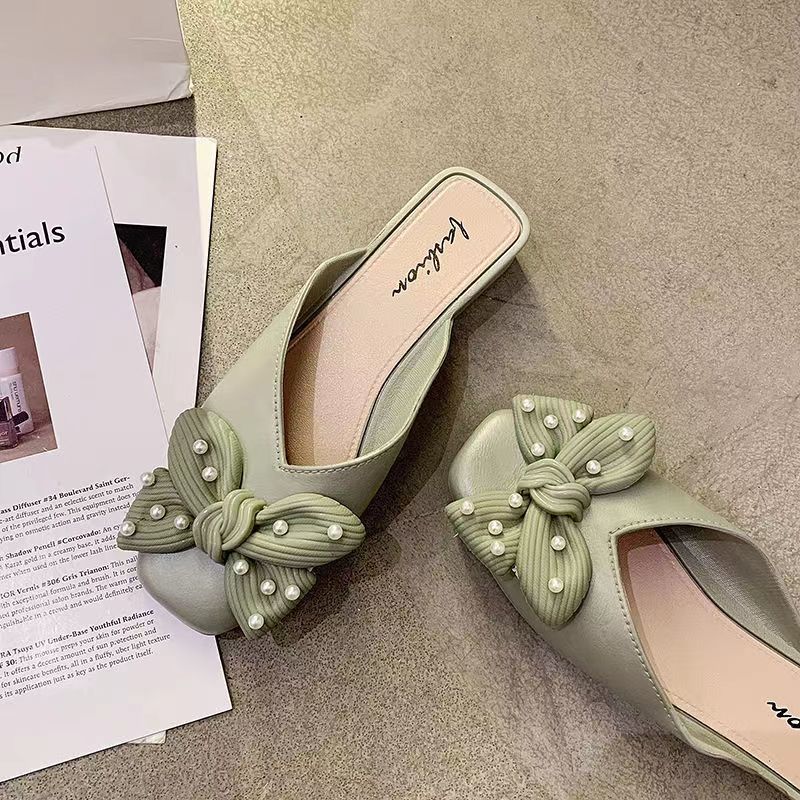 Домашние мюли, женские тапочки на низком каблуке и босоножки с бантом, лето 2024 г., мягкие домашние туфли, уникальная роскошь, легкая одежда, W