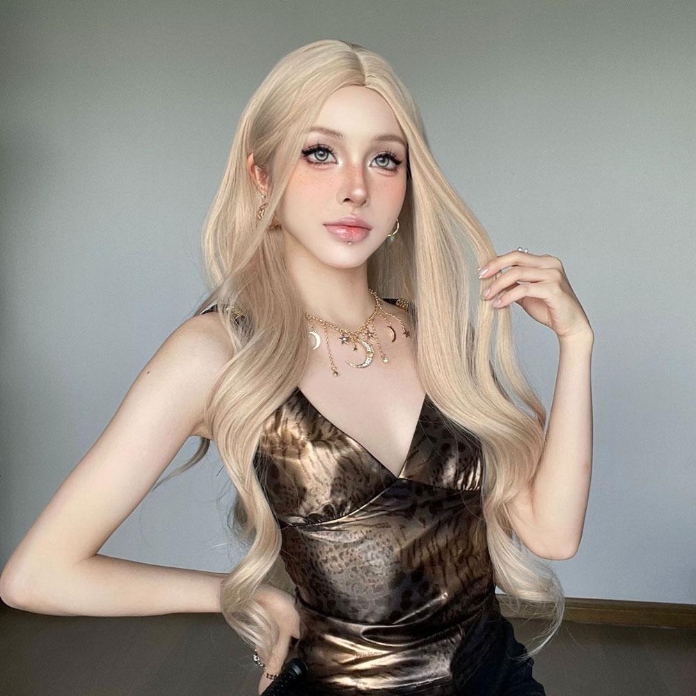 JOVIA Blonde Pink Long Wavy Synthetic Wigs Middle Part Heat Resistant Full Wig Women Cosplay Lolita Daily Party Hair Wig On Sale