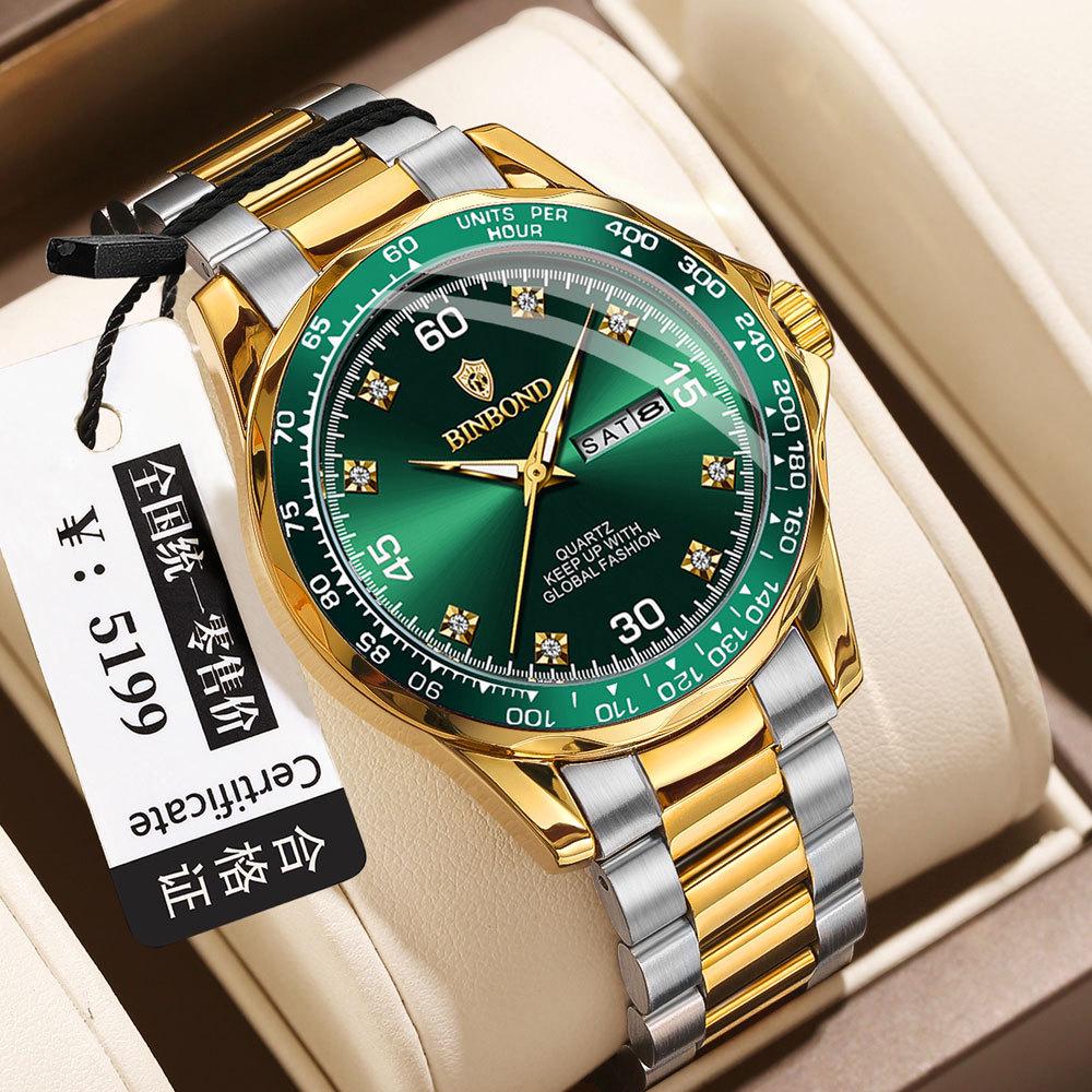 Мужские кварцевые часы Binbang Green Submariner, двойной календарь, стальной браслет, водонепроницаемые, для бизнеса.