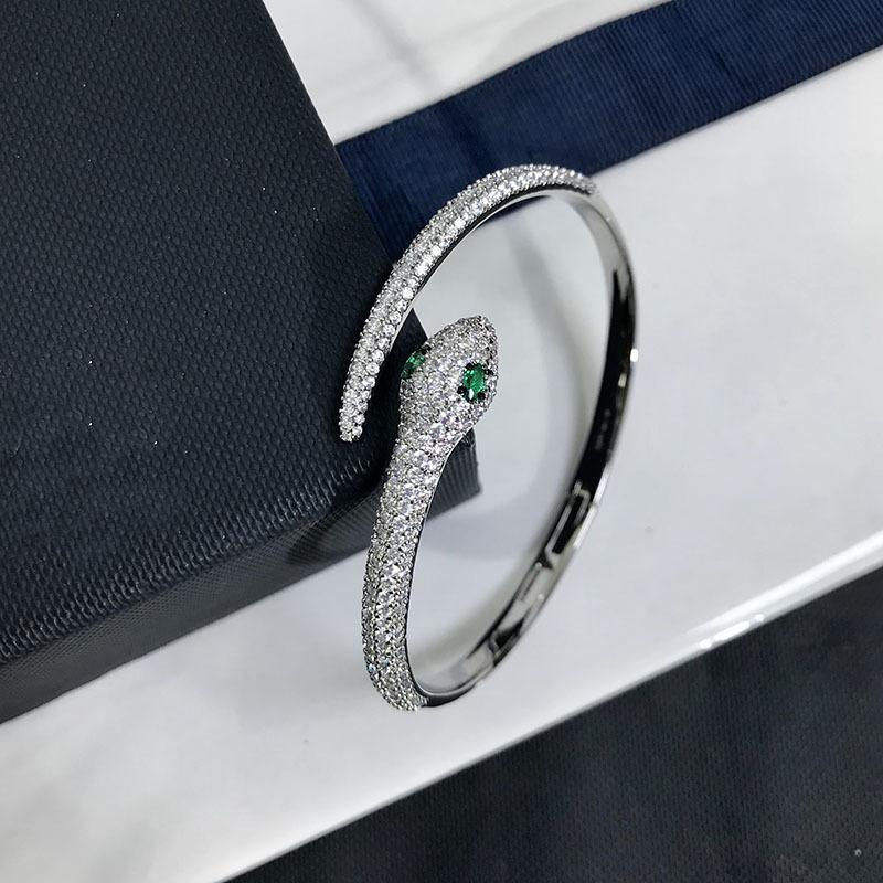 S925 серебро браслет-манжета в виде змеи милый стиль зеленые глаза полукруг CZ циркон брендовый браслет для женщин ювелирные изделия со значками