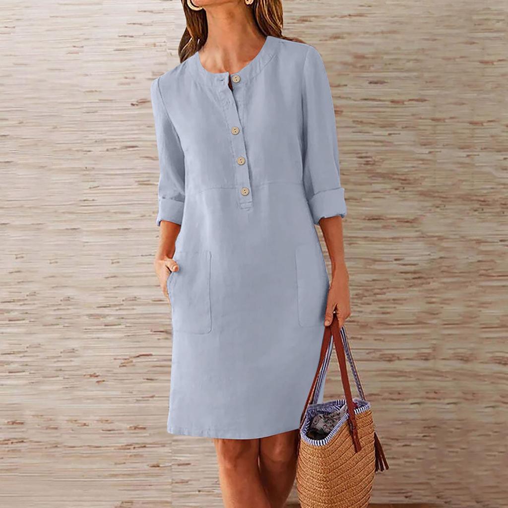Women's Large Loose Solid Cotton Linen Round Neck Short Sleeve Pocket Button Dress