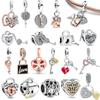New 925 Copper Love Lock Key Padlock Happiness Double Dangle Charm Heart DIY Beads Fit Original Pantaro Bracelet Fine Zircon
