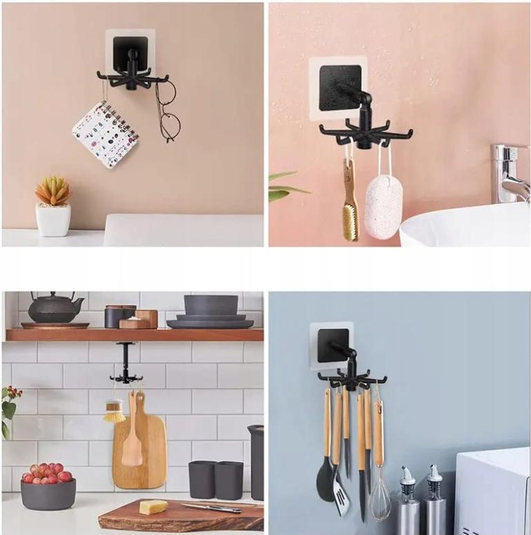 Self-adhesive hanger With hooks, 360° swivel hook, kitchen organizer