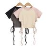 Summer Women T-Shirt Short Sleeve Slim Tshirt Patchwork Tying Tee Tops