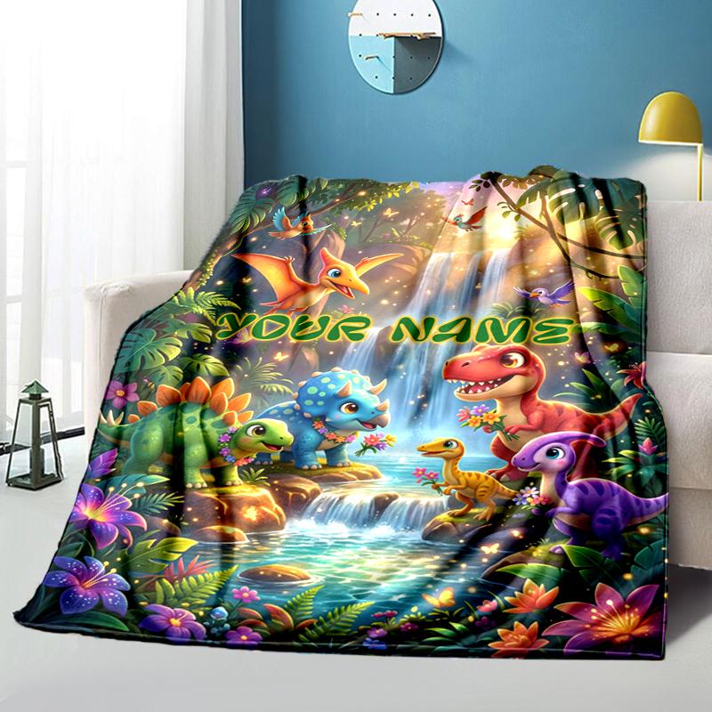 1PC Custom Name Dinosaur Adventure Fantasy Forest blanket versatile,all-season throw suitable for the living room,bedroom,camping,travel,and gift