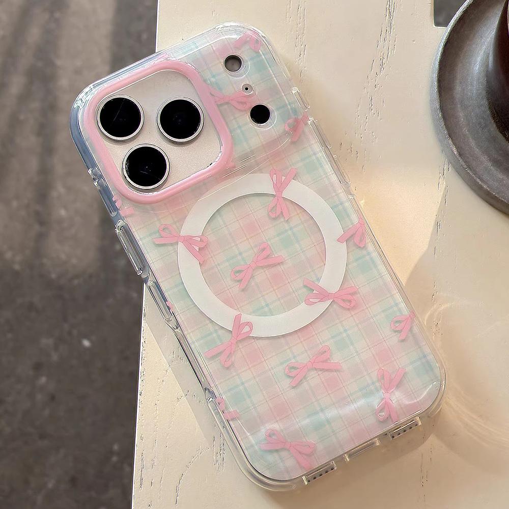 3D Flower Cute Pink Bowknot Magnetic Grip Tok Phone Case for iPhone 16 15 14 17 Pro Max Wireless Charge Girl Cover for Magsafe