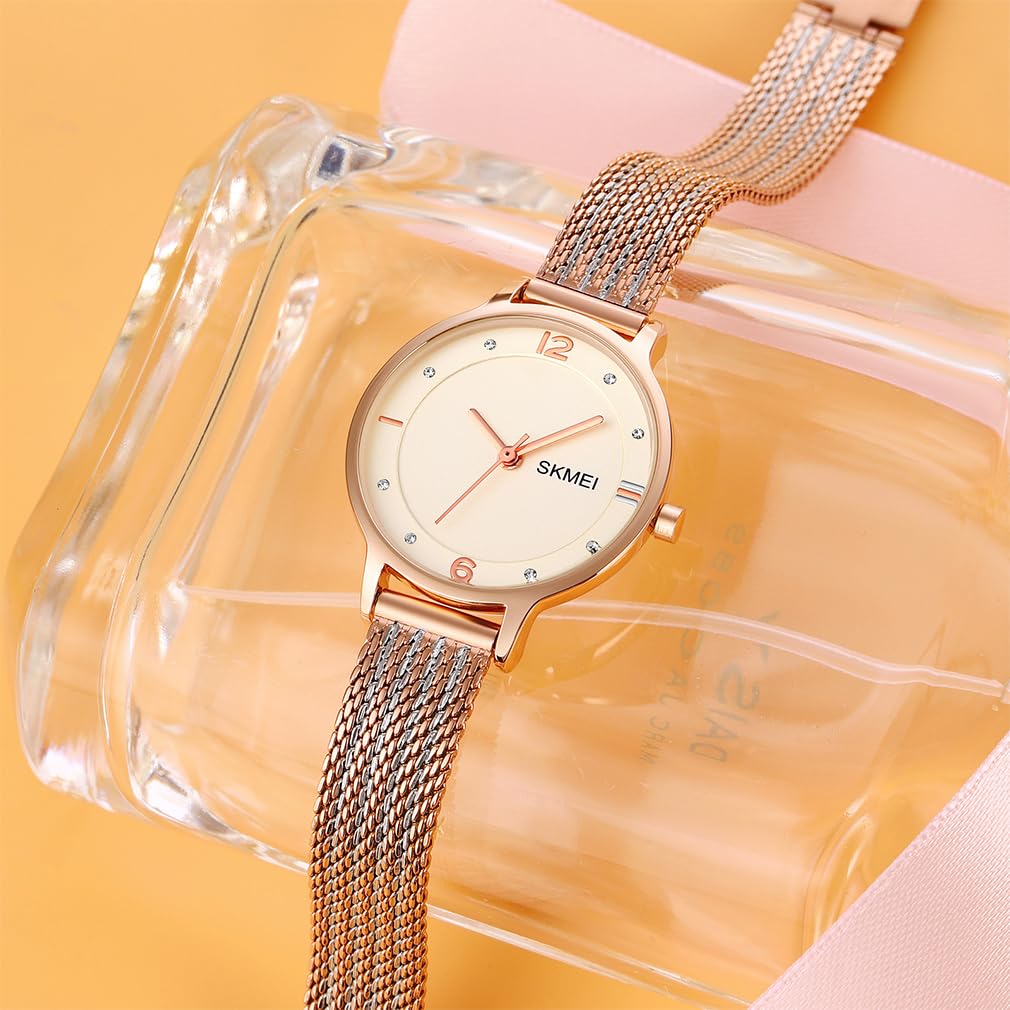 SKMEI Women's Watch Simple Ultra-thin Quartz Brand Cute Fashionable Waterproof Business Mesh Stainless Steel Gift White Rose Gold