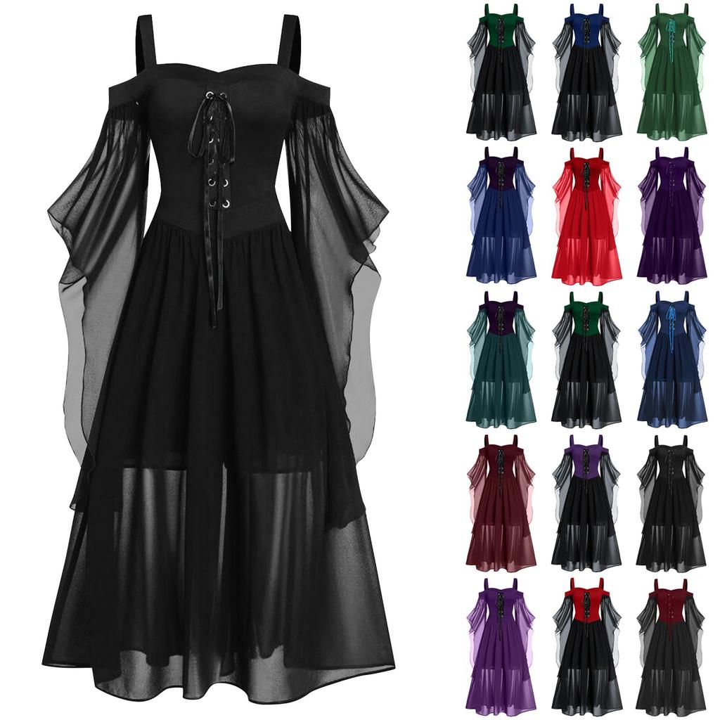Women Plus Size Cold Shoulder Butterfly Sleeve Halloween Gothic Dress