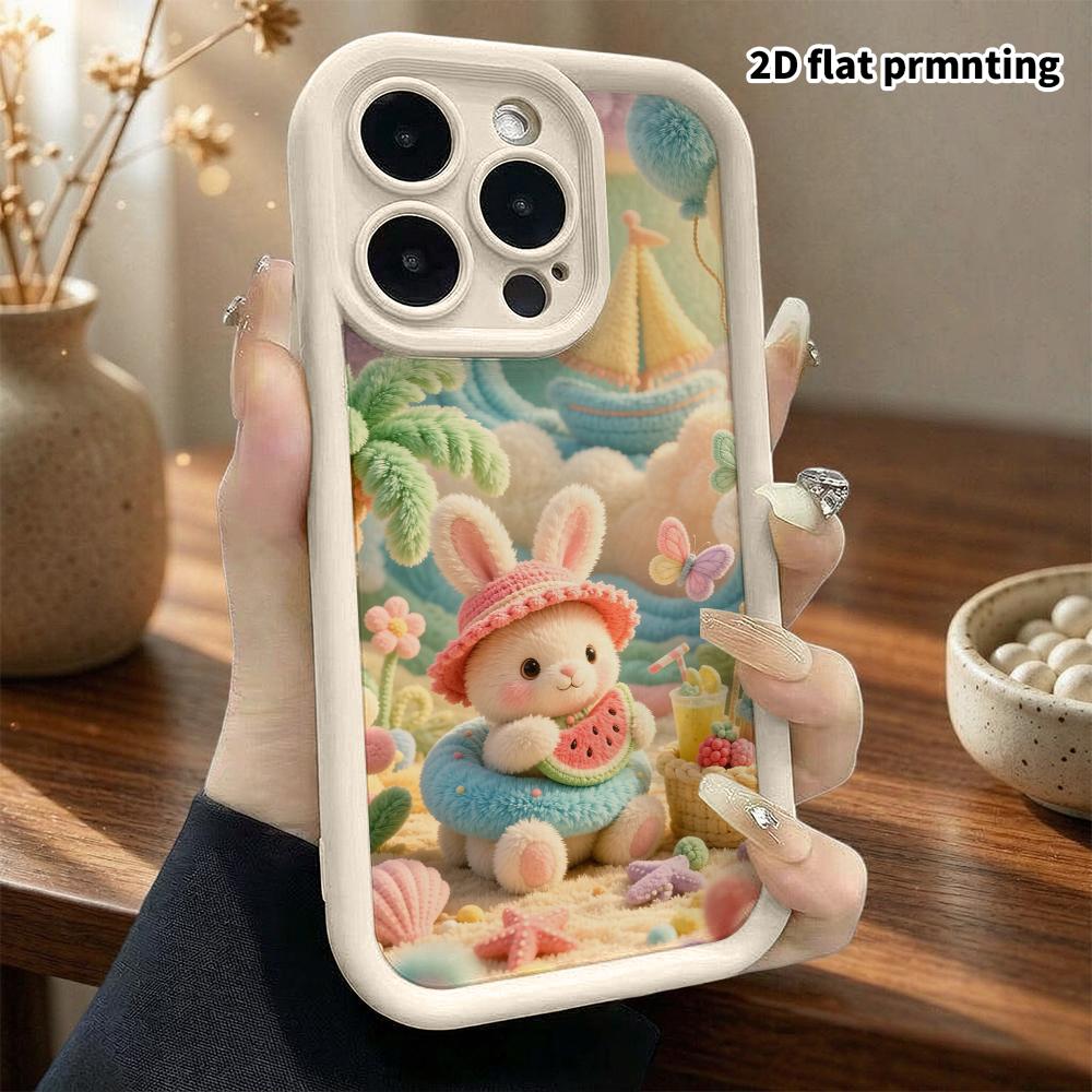Phone Case: 2D flat, suitable for iPhone 18 17 16 15 14 13 12Pro protective case, seaside vacation little bunny, perfect Christmas and Halloween holid