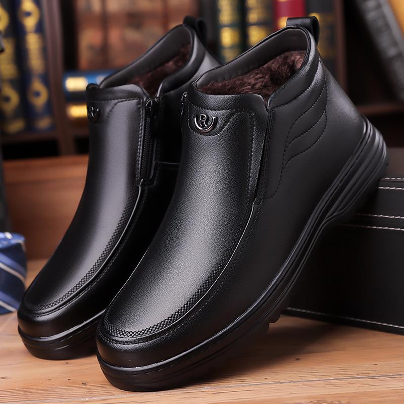 2024 зимние новые мужские высокие хлопковые туфли мужские повседневные кожаные туфли для пап среднего возраста бархатные теплые хлопковые туфли 6128