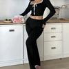 Spring Autumn Women Cardigan Sleepwear Solid Bow Trim Pajamas Set Casual Sexy Crop Tops and Long Trousers Loungewear Nightwear