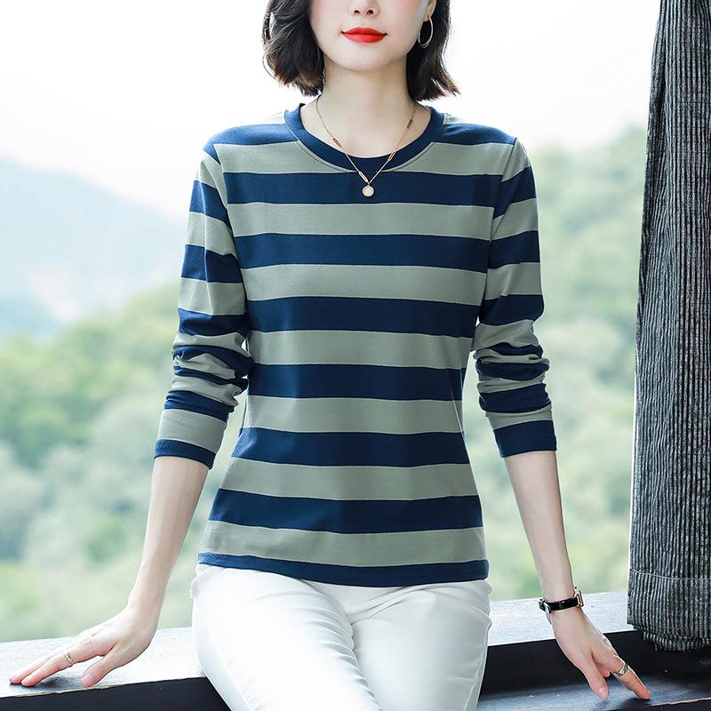 2024 Women's Loose Pure Cotton Long-Sleeve T-Shirt for Spring & Autumn - Fashionable Top for Middle-Aged Moms