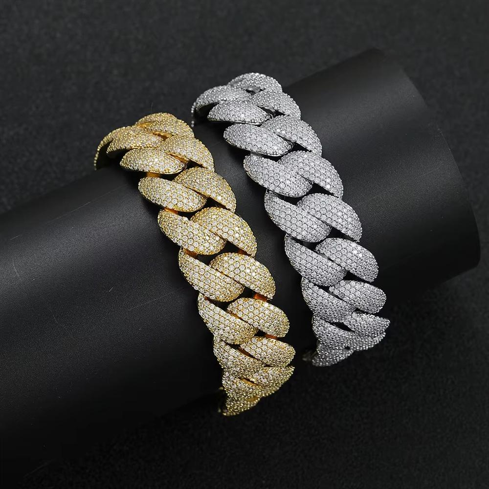 Fashion Hip Hop Jewelry 14K Gold Plated Cuban Bracelet 18mm Wide Bling CZ Iced Out Bubble Cuban Link Bracelet for Men