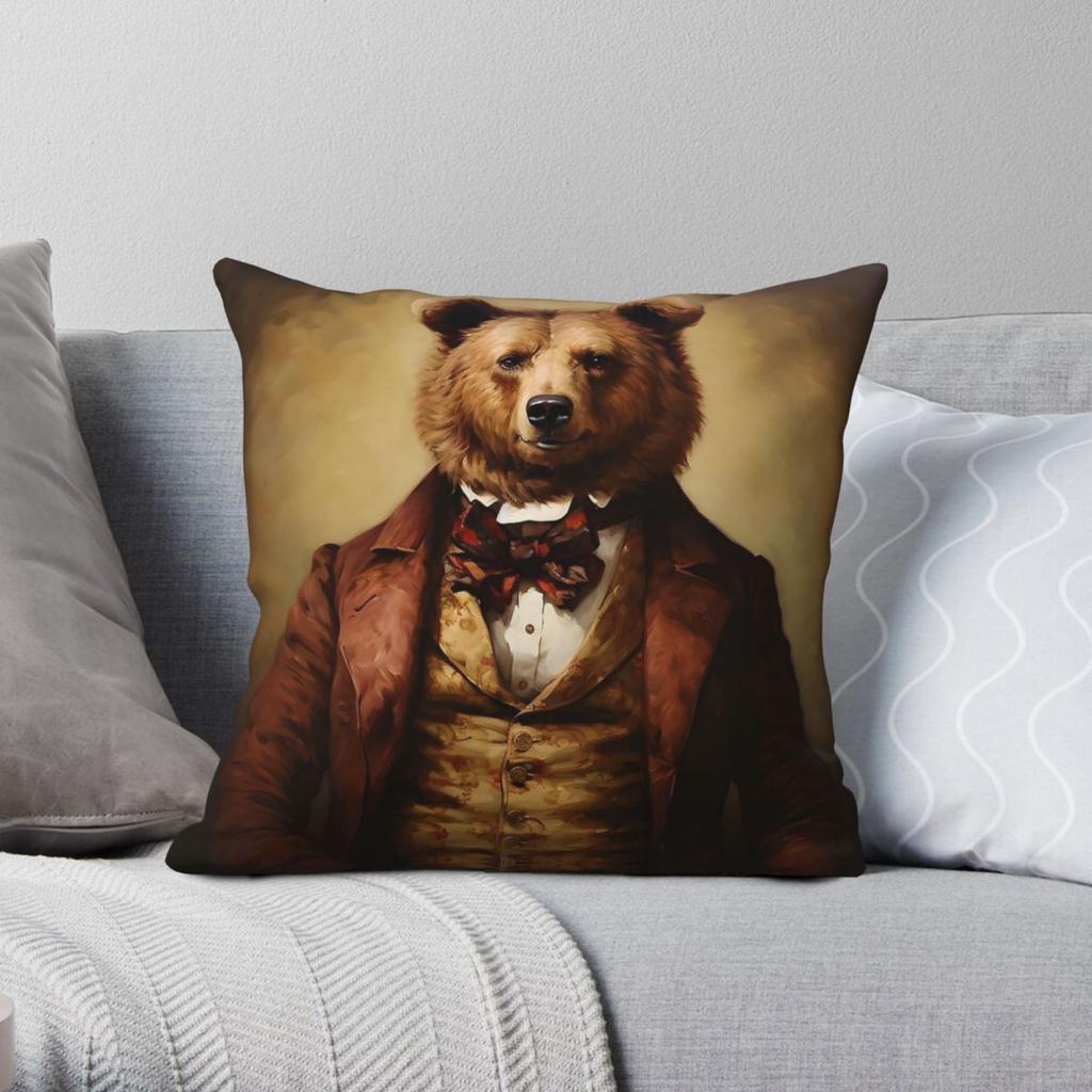 Grizzly Bear Portrait Square Pillowcase Polyester Linen Velvet Printed Zip Decor Room Cushion Cover
