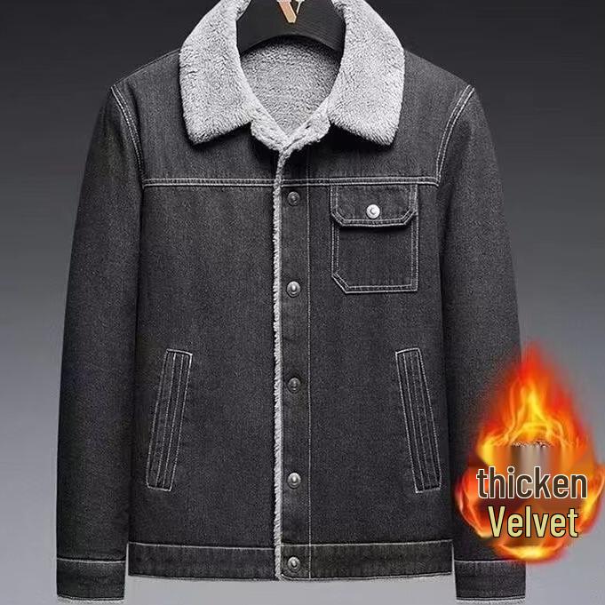 Men's Slim Fit Denim Jacket with Fleece Lining and Lambswool, 2025 Korean Style, Casual Lapel Design