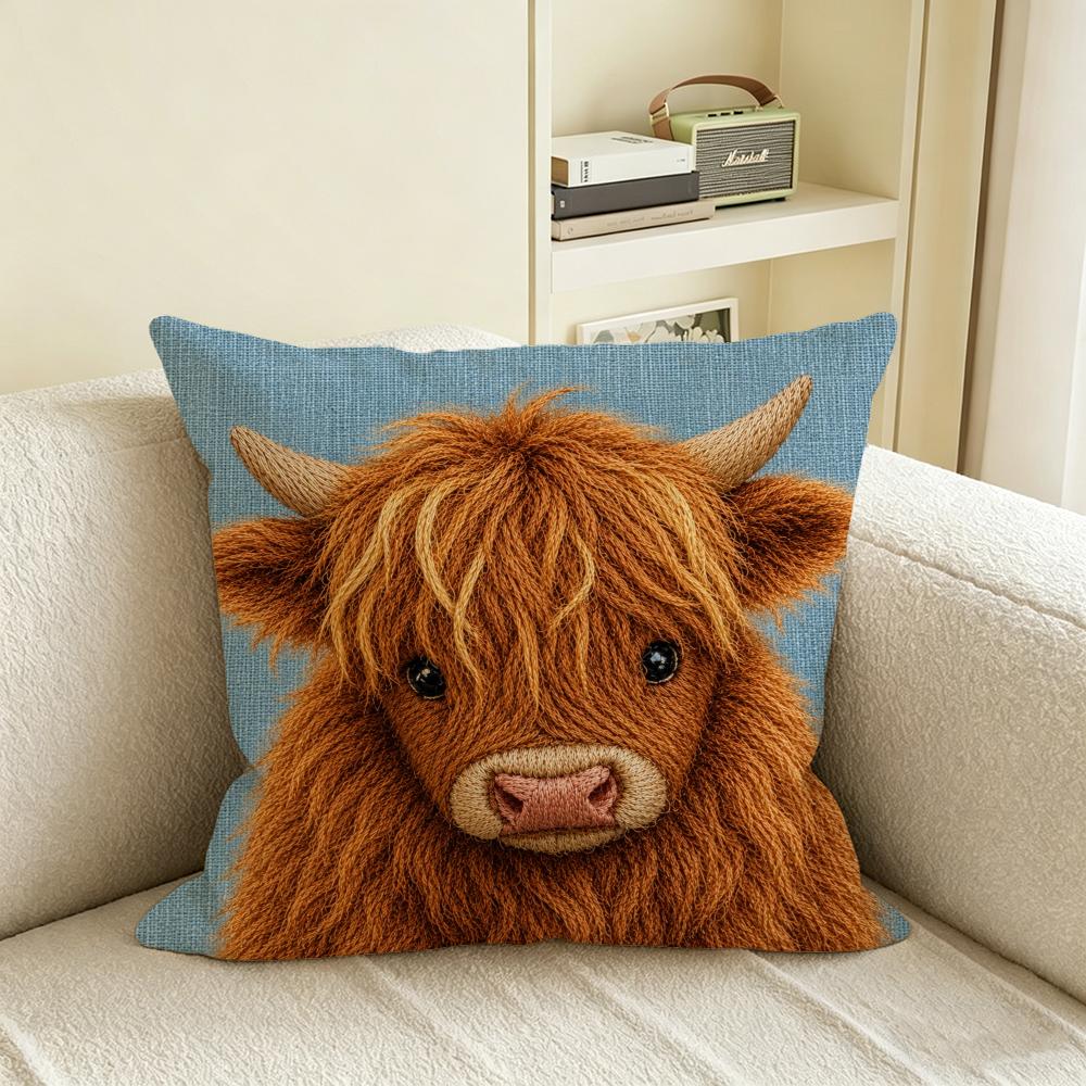 Animal D FlatPrinted Highland Cow Cushion Cover Natural Linen Pillowcase Set AllinOne Decor for Sofa Bedroom Chair