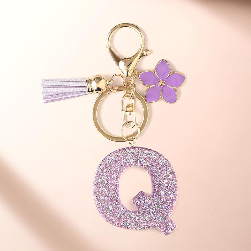 Flash Powder 26 English letters, diy, Resin keychain, purple flower, pendant, bag pendant, keychain, Christmas gift, Stocking stuffers