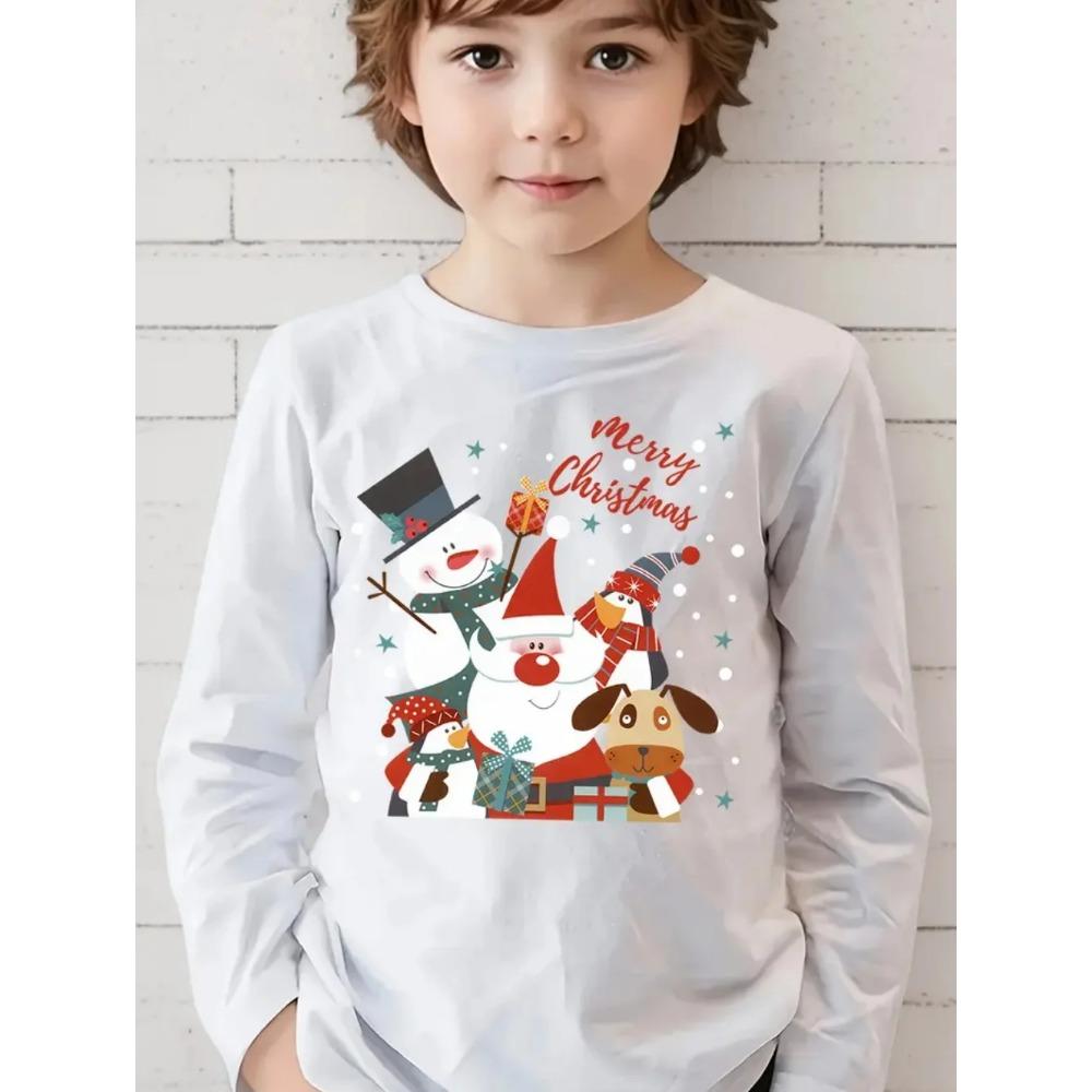 Spring and Autumn Round Neck 3D Christmas Theme Printed Top Fashionable Casual Long Sleeved Children's Boy T-shirts