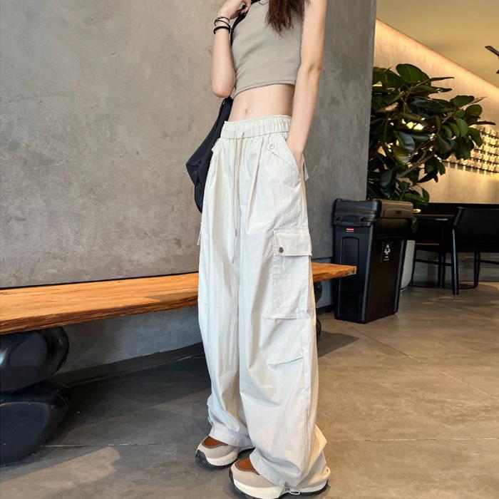 Retro Quick-drying Work Pants for Women In Summer Thin Small Straight Baggy Drawstring Ties Informal Wide-leg Pants