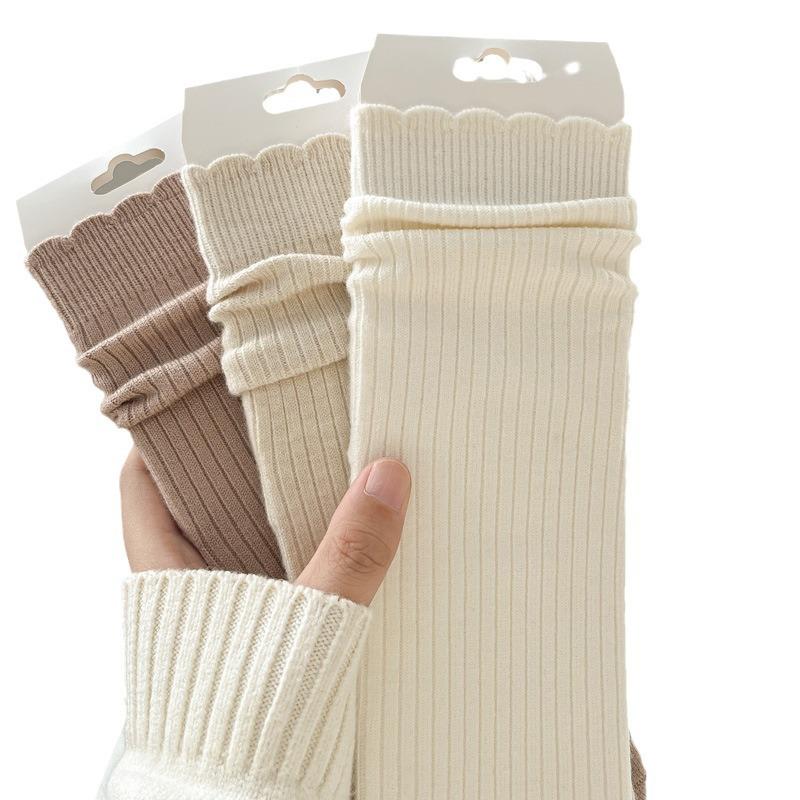 5/10 Pairs Autumn Winter Wool Socks for Women: Mid Calf Socks Fashionable Warm Versatile Pile Socks Solid Color Lace Socks Loose Fit Cashmere Socks