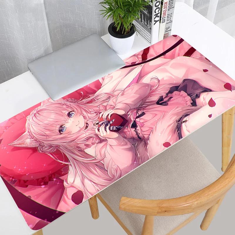 Gaming Mouse Pad Large Desk Mat Antislip Base Stitched Edges Cute Twin Anime Girls Print for Gaming Office Desk Use