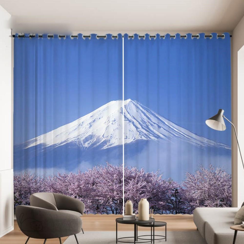 Romantic Cherry Blossom Pattern Curtain Mount Fuji Landscape Decor Curtain Japanese Sushi Nikki Restaurant Window Curtain 2PCS