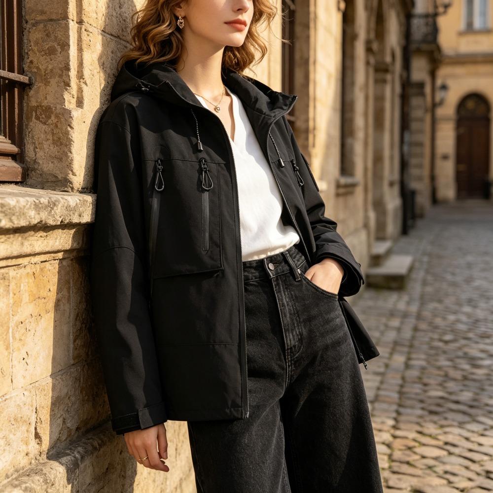 Women's simple and stylish jacket, casual sports coat for women, drawstring multi-pocket zipper design, available in two colors