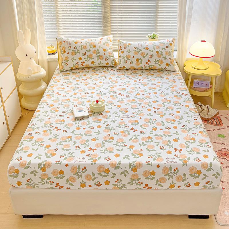 White Flower Print 100% Cotton Fitted Sheet Set Deep Pocket Elastic Mattress Cover with Pillowcases Soft Breathable Bedding Set