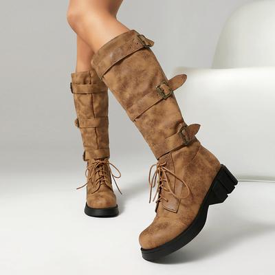 Осенне-зимние повседневные сапоги-ботфорты на низком каблуке с пряжкой