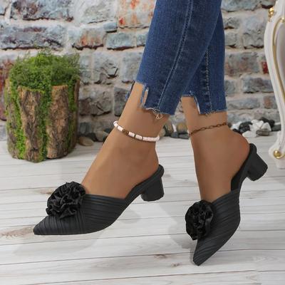 Летние женские тапочки модные Baotou однотонные туфли на высоком каблуке, остроносые квадратные каблуки с цветочным декором женские туфли