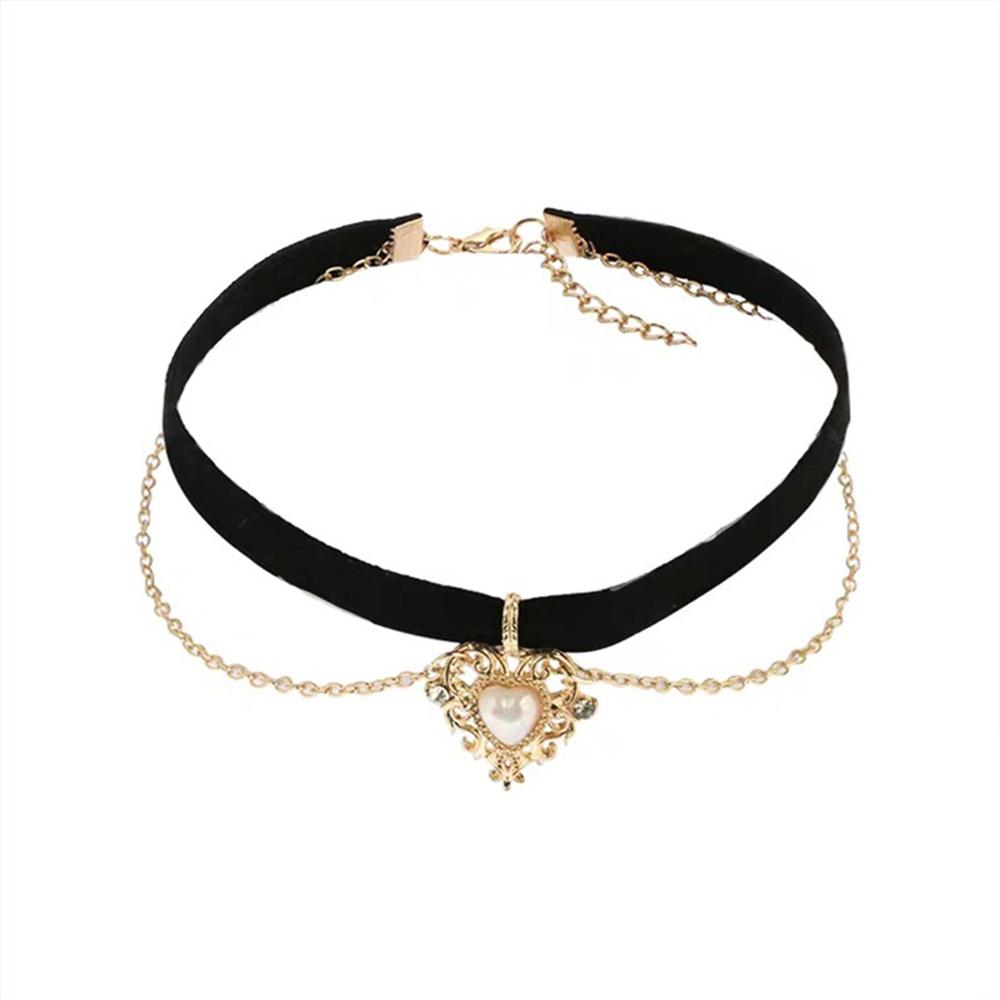 Party Imitation Pearls Velvet Jewelry Short Vintage Love Heart Heart Necklace Pendant Choker Chain