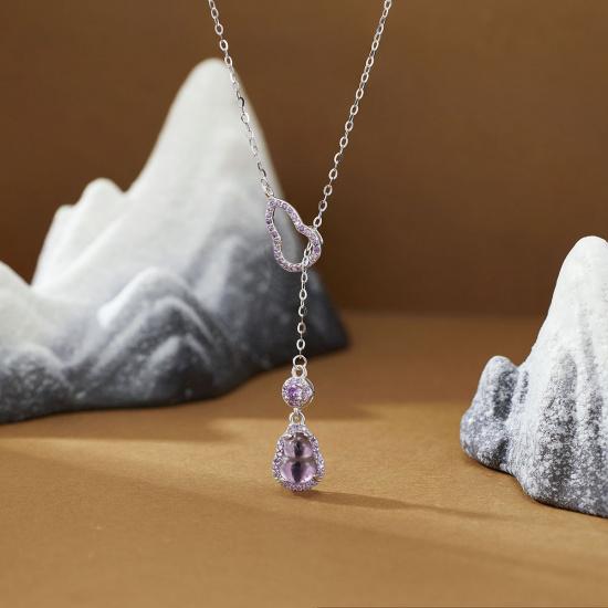 S925 Sterling Silver Amethyst Double Gourd Necklace, Jade Fortune Pendant, New Chinese National Trend Luxury Clavicle Chain For Women