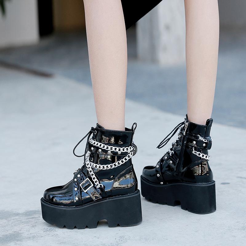 Женские ботинки на квадратном каблуке, ботинки на платформе, готические ботфорты, черные осенне-зимние ботинки