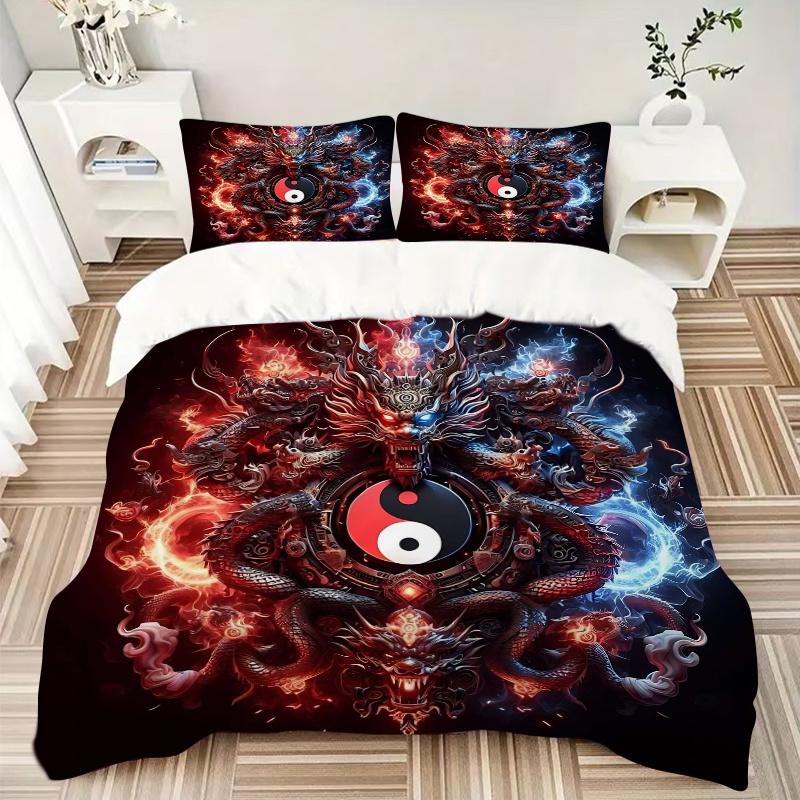 3pcs Fire and Ice Yin Yang Dragons Bedding Set - Includes Quilt Cover and Pillowcases, Suitable for All Seasons, Machine Washable - Ideal Gift fo