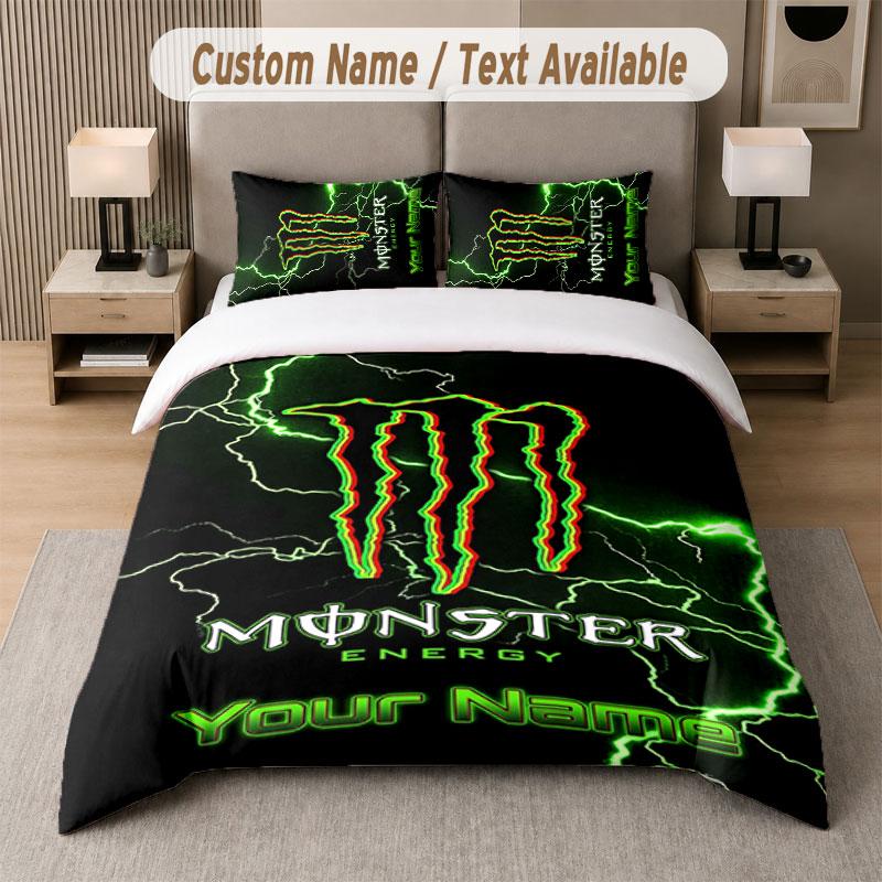 Custom Bedding Set Monster Energy Pattern, Print Name Text 1 Duvet Cover plus 2 Pillowcases Home Textile