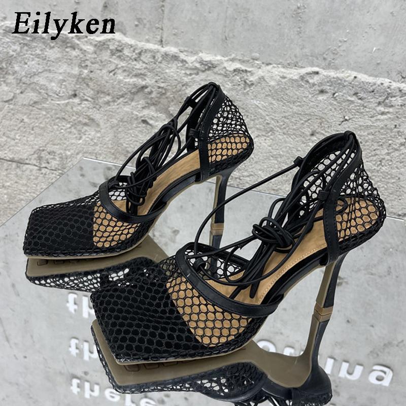 Fashion Eilyken Sexy Mesh Pumps Sandals Female Square Toe High Heel Lace Up Cross-Tied Stiletto Hollow Dress Shoes Zapatos Mujer