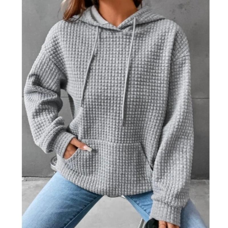 Повседневная толстовка больших размеров, женская однотонная толстовка с капюшоном и завязками с длинными рукавами и вафельным узором, с карманами