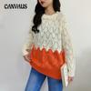 Spring and Autumn Hollow Colorblocking Knitted Sweater Women Loose Lazy Wind Bottoming Shirt Pullover Tops