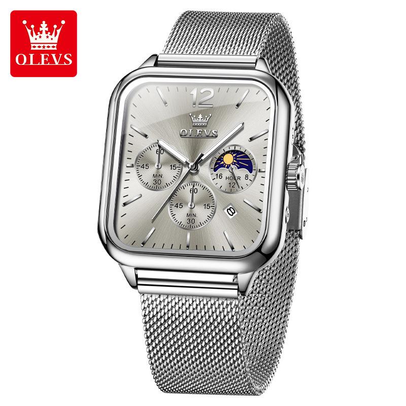 Square Quartz Men's Watch Three Eye Timer Moon Phase Automatic Date Waterproof Luminous Sports Watch