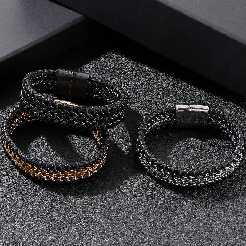 12 мм черный браслет из натуральной кожи для мужчин плетеные мужские браслеты из воловьей кожи и нержавеющей стали с магнитной застежкой с гравировкой