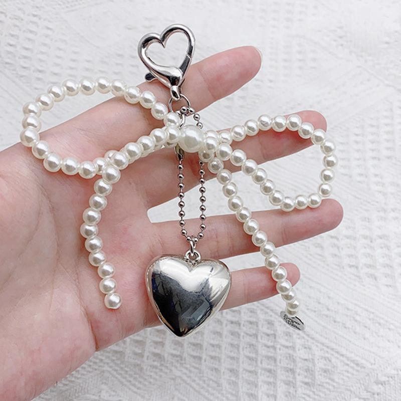 Ins Style Bowknot Pearl Beaded Key Chain Silver Love Phone Chain Headphone Case Pendant Ccd Lanyard Charms Bag Decor