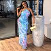 Women's Fashion Halter Dress Digital Print Pullover Ruffled Sleeveless Halter Slim Irregular Dress