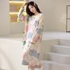 Print Cotton Dress Pajamas Women Korean Autumn Round Neck Long-sleeved Midi Nightdress Homewear Casual Chic