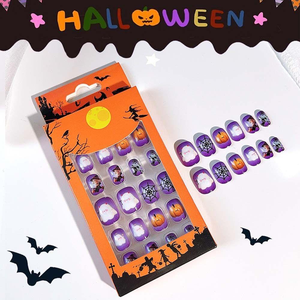 24Pcs/set Pumpkin Children Halloween False Nails Ghost Kids Fake Nail Extension  Girls