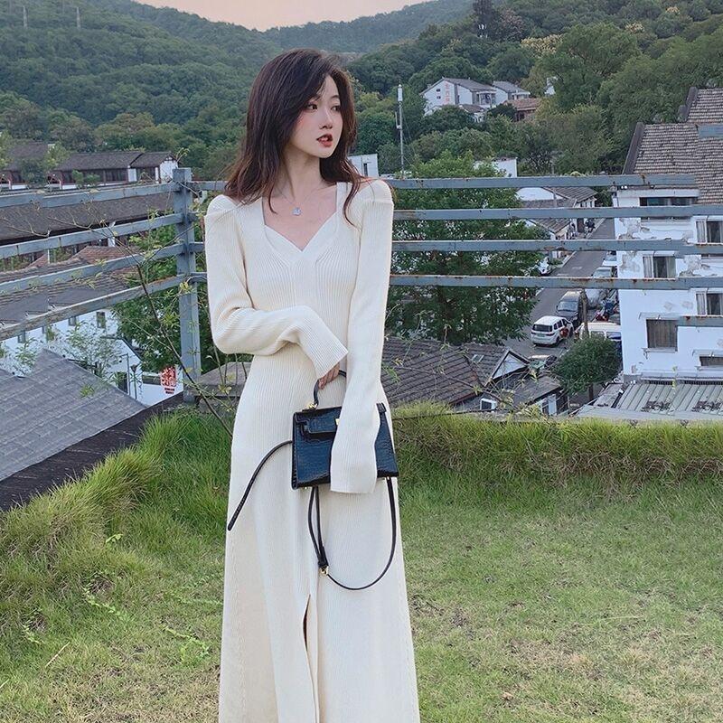 Черное платье с горловиной, легкая роскошь, ниша, высокий класс, зимнее базовое платье-свитер, вязаное платье