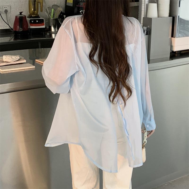 Back Split Lace-up Casual Loose Shirts Women Fashion New See Through Long Sleeve Women's Blouses Thin Breathable Sun Protection Office Lady Tops 26108