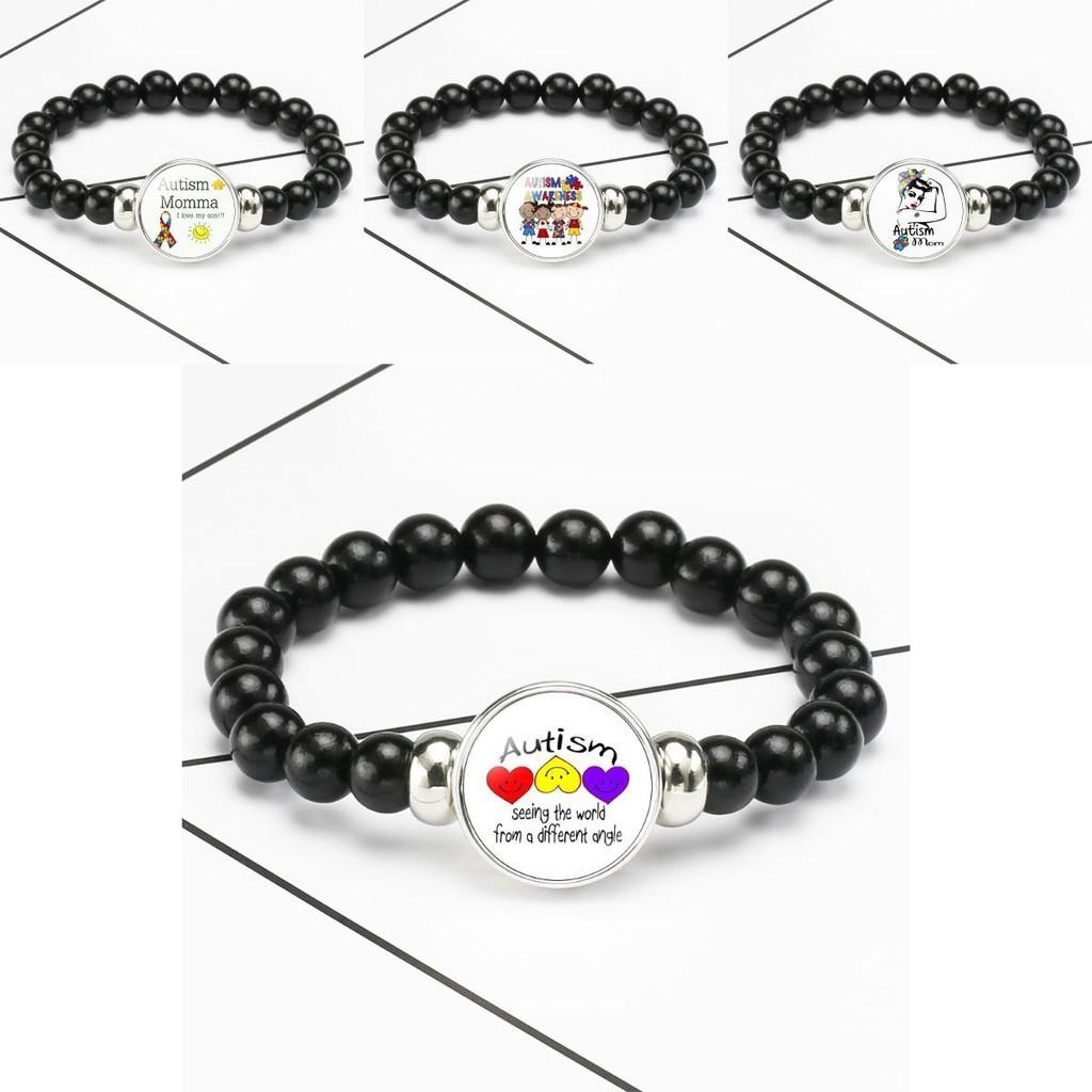 Men And Womens Beaded Bracelet Autism Awareness Black Stretch Cord
