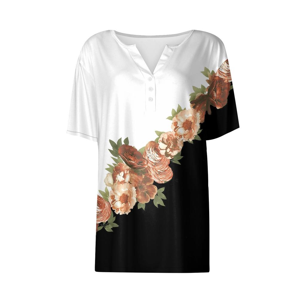 Women's T Shirt Tee Print Button Short Sleeve Daily Weekend Fashion Basic V- Neck Regular Top