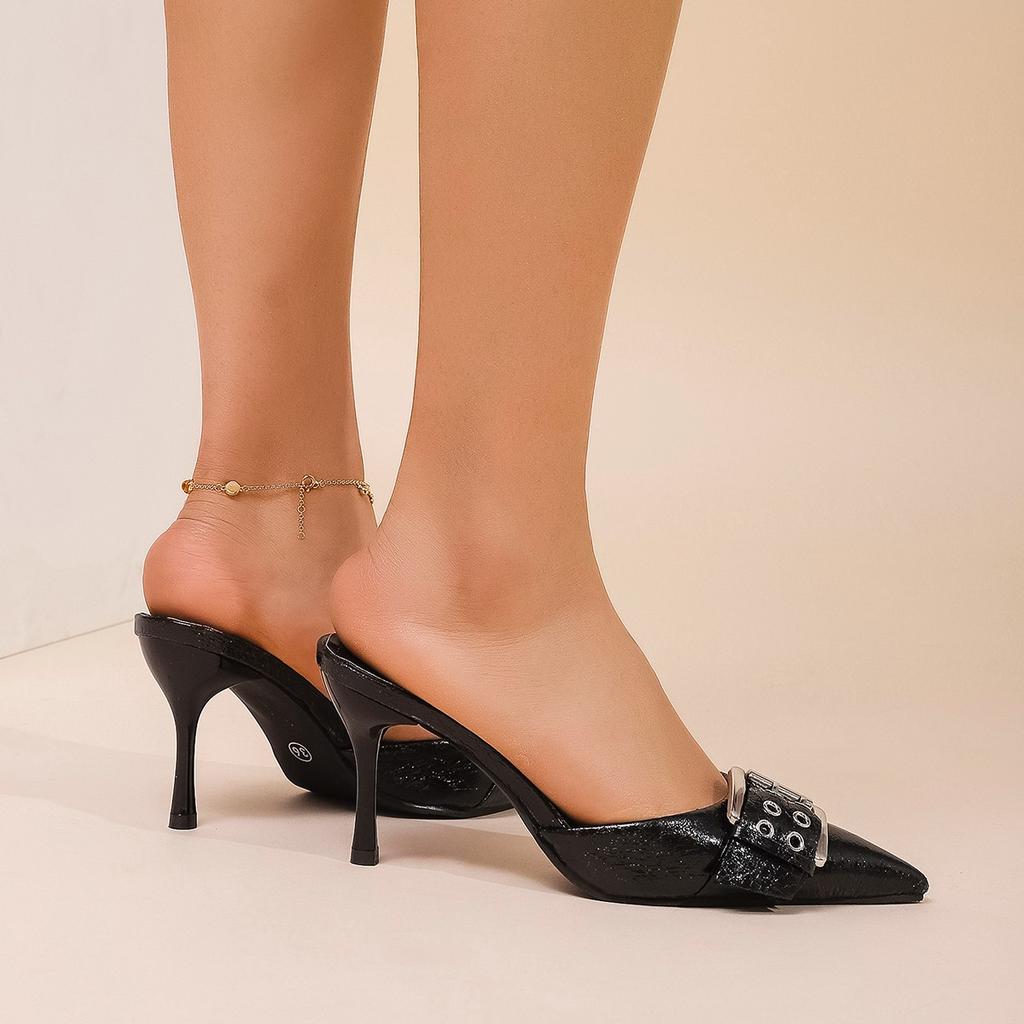 Pointed Toe Women's Mules Shoes Belt Buckle Black Patent Leather Stiletto High Heels Fashion Designer Summer Sandals for Ladies